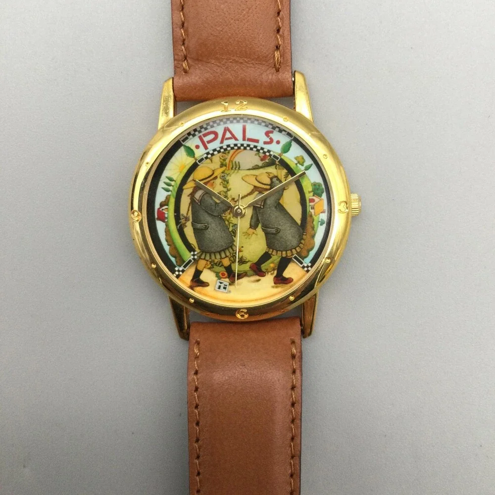 Mary Engelbreit Pals Womens Watch 34mm Gold Tone Brown Leather Band New Battery